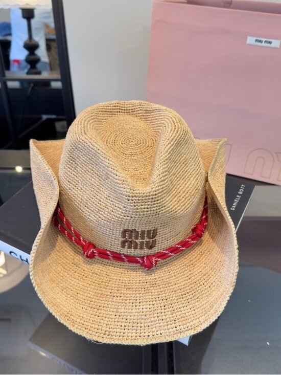 Miu Miu Natural Raffia Straw Western Hat Red Cord Band Embroidered Logo - Picture 5 of 8